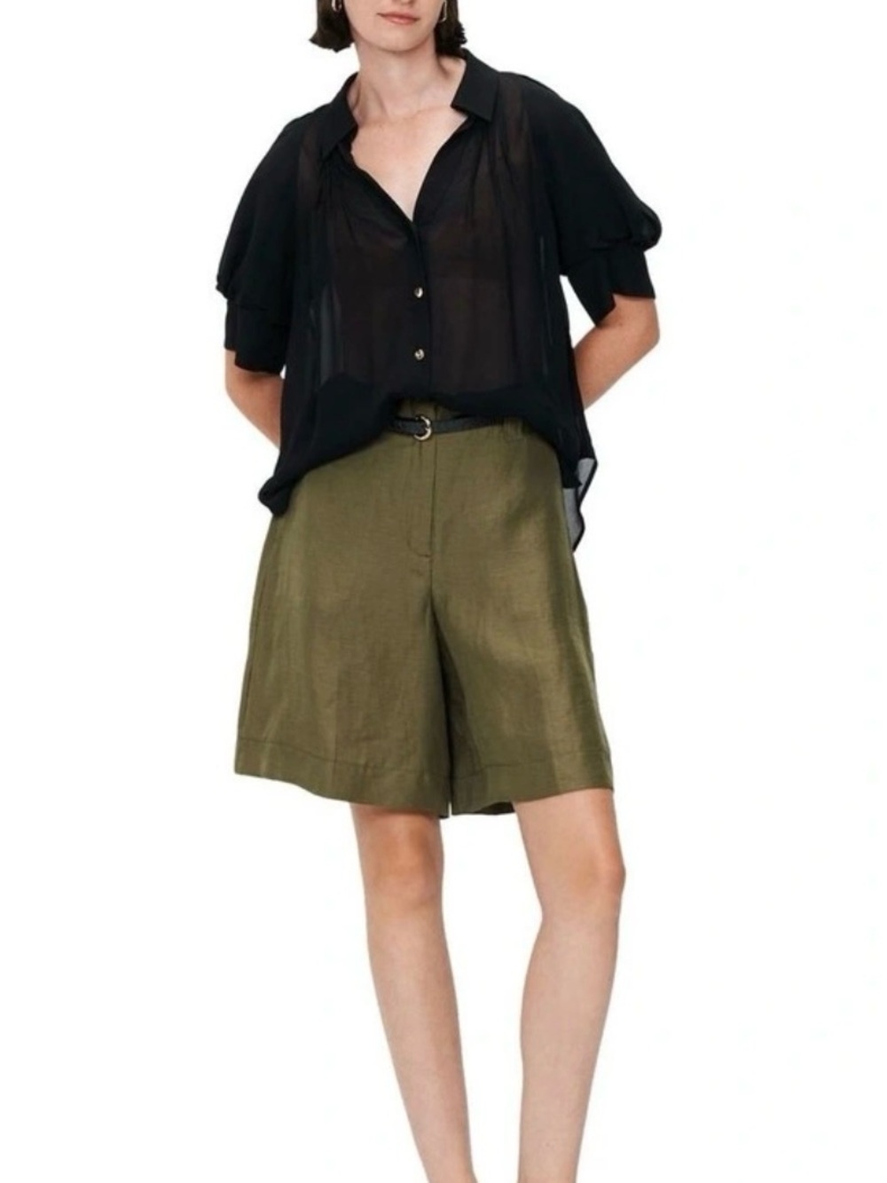 Veronika Maine Oversized Olive Green Shorts Size 10 Linen Blend High Rise